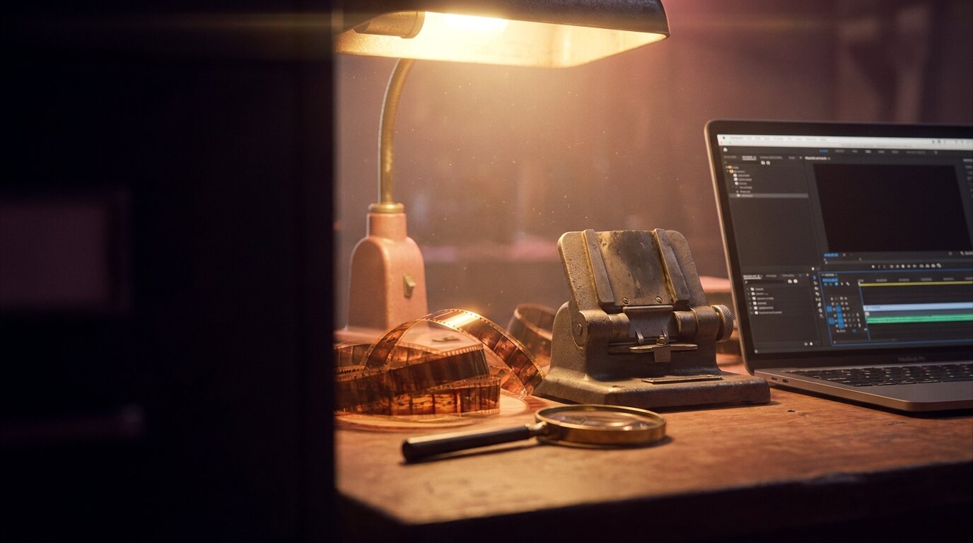 An old 16mm film splicer and strips of film beside a laptop on a wooden editing bench