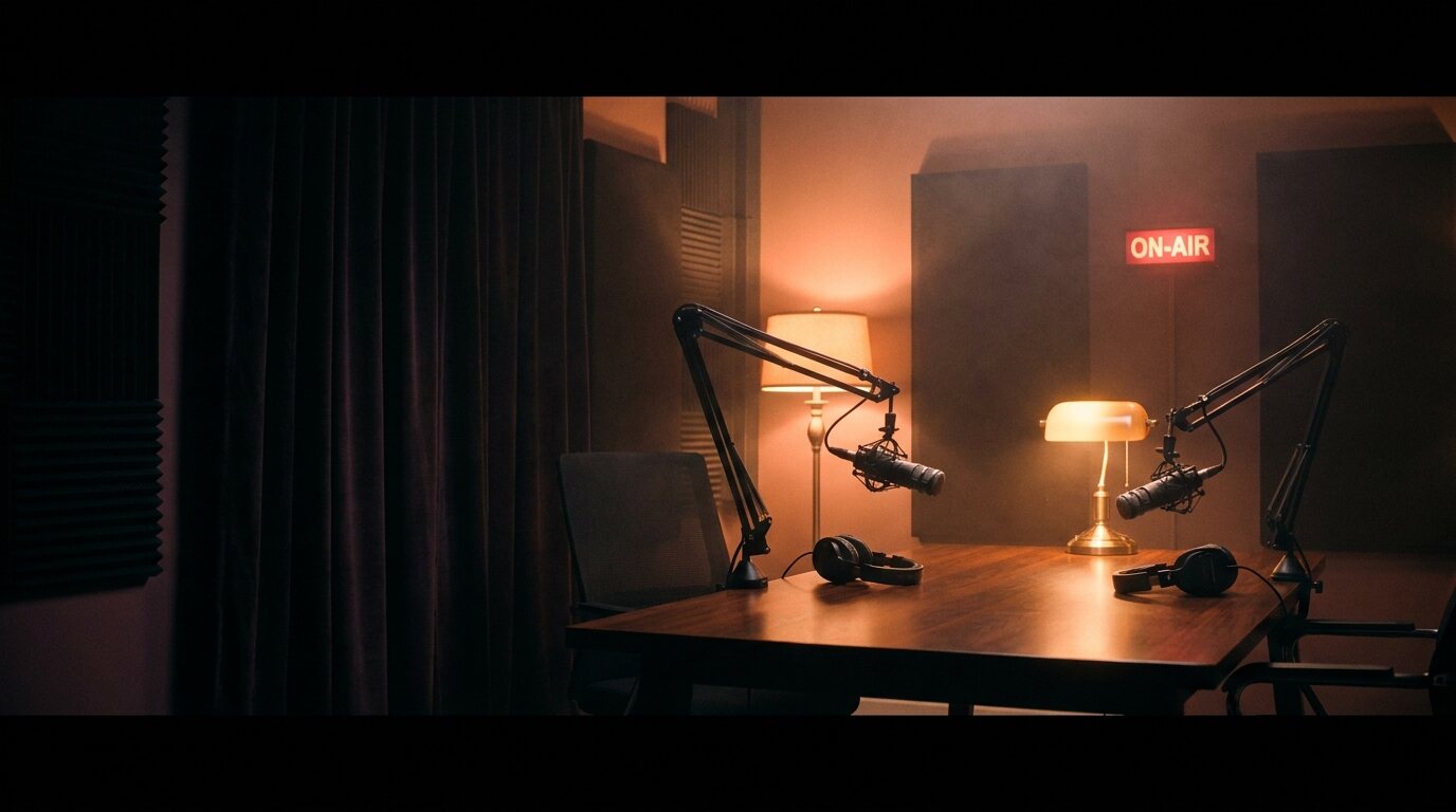 Two microphones facing each other across a wooden table in a warm studio
